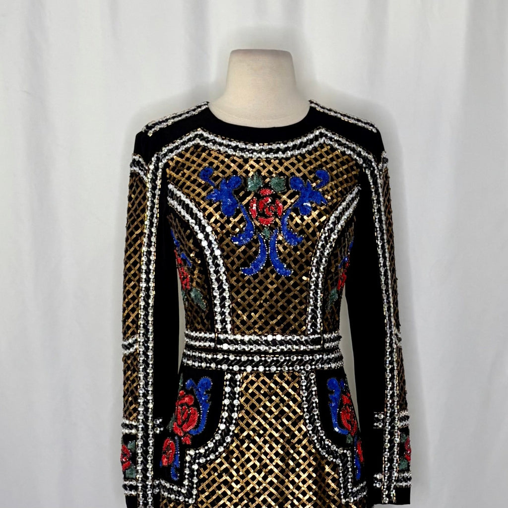 BEBE Black Beaded Sequin Crepe Dress Balmain Bodycon Mini Glam Floral Party 4