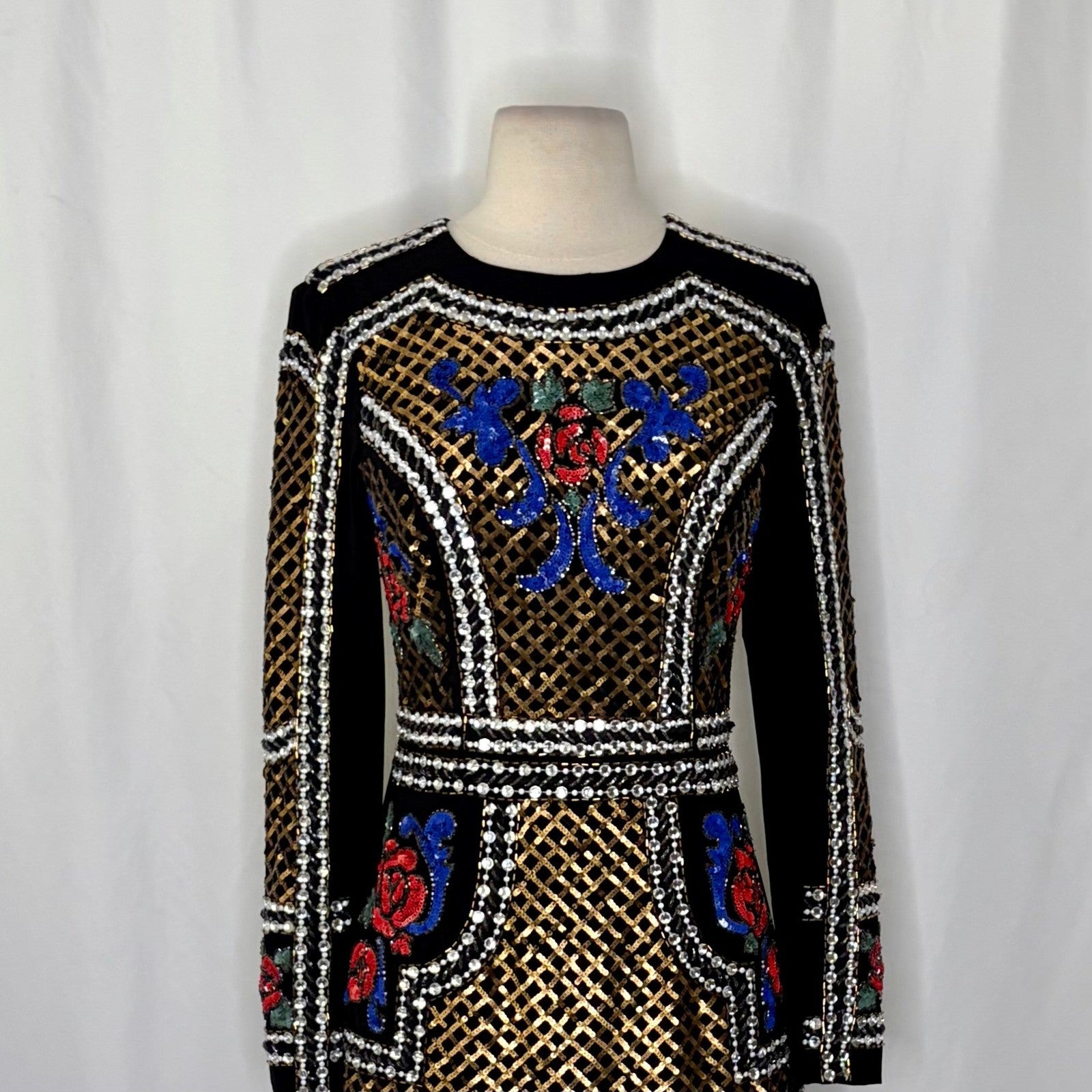 BEBE Black Beaded Sequin Crepe Dress Balmain Bodycon Mini Glam Floral Party 4