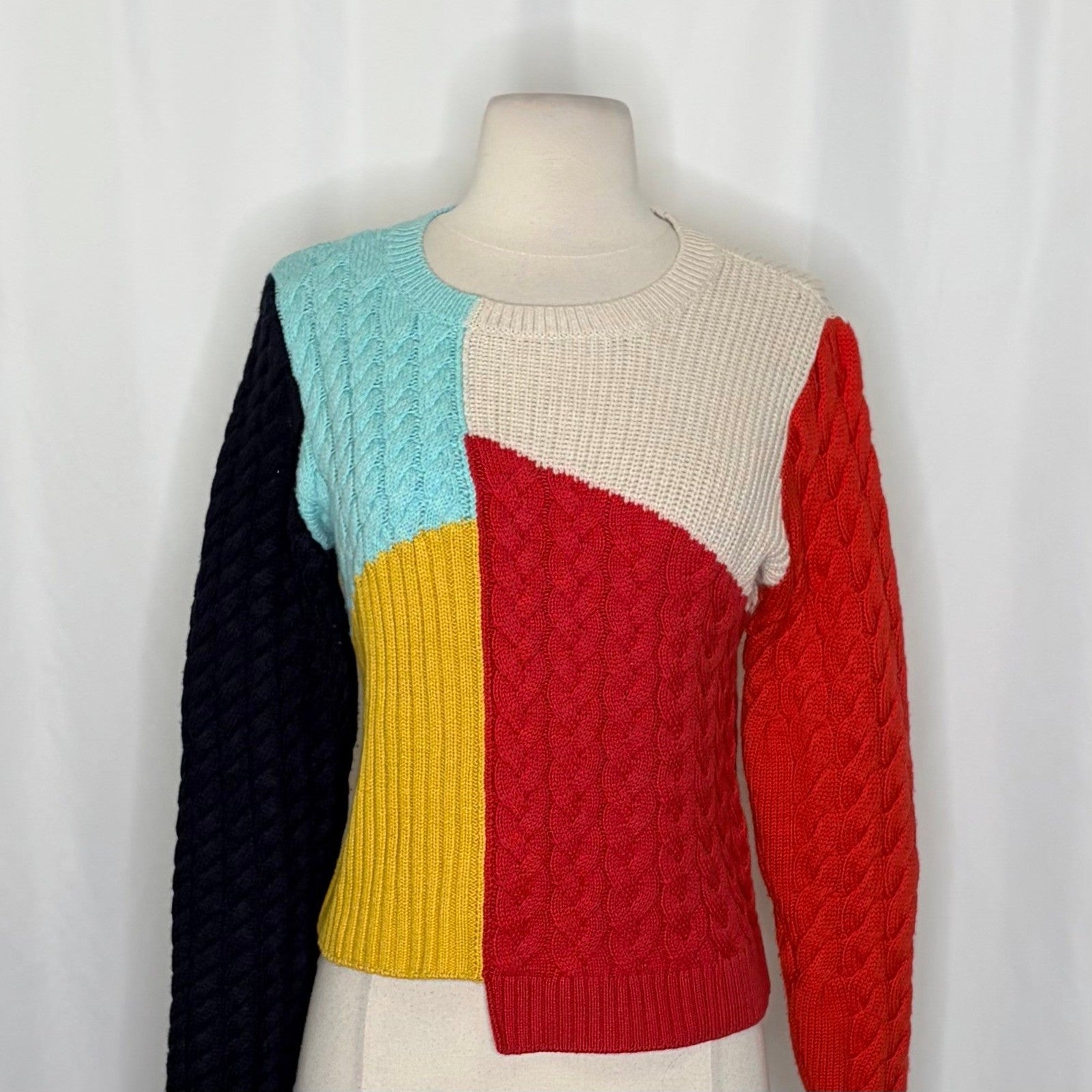 ALICE + OLIVIA Lebell Mixed Knit Cropped Sweater Colorblock Colorful Large