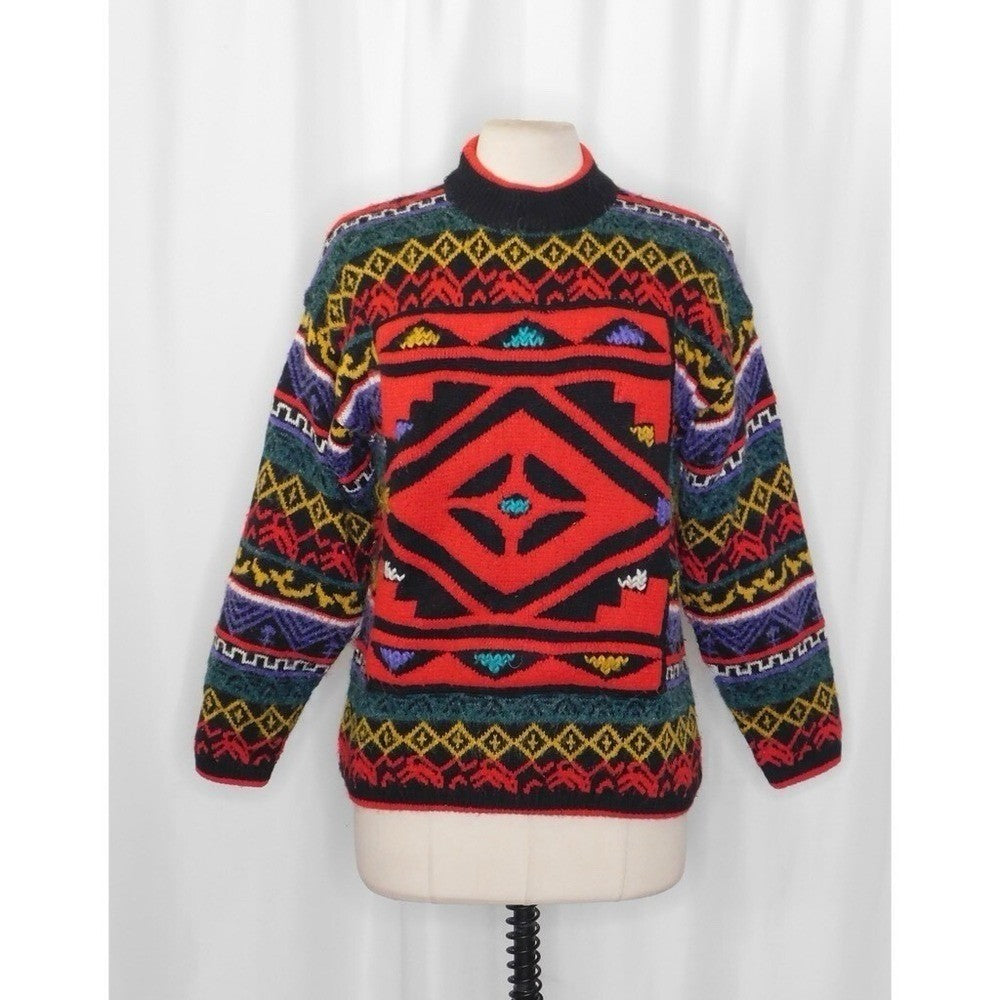 Vintage KITTY HAWK Bright Colorful Pullover Sweater Fairisle Geometric Medium