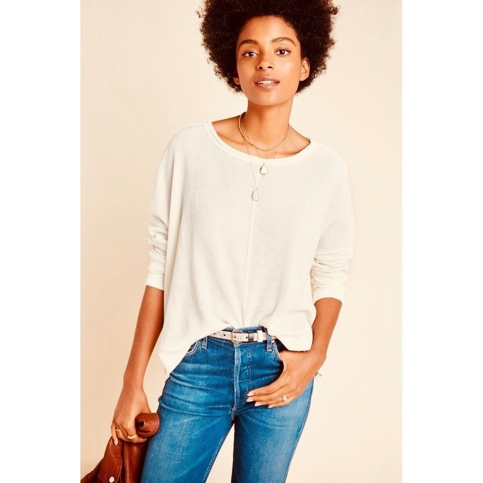 By ANTHROPOLOGIE Waffle Knit Oversized Top Shirt Pullover Pale Ivory Medium