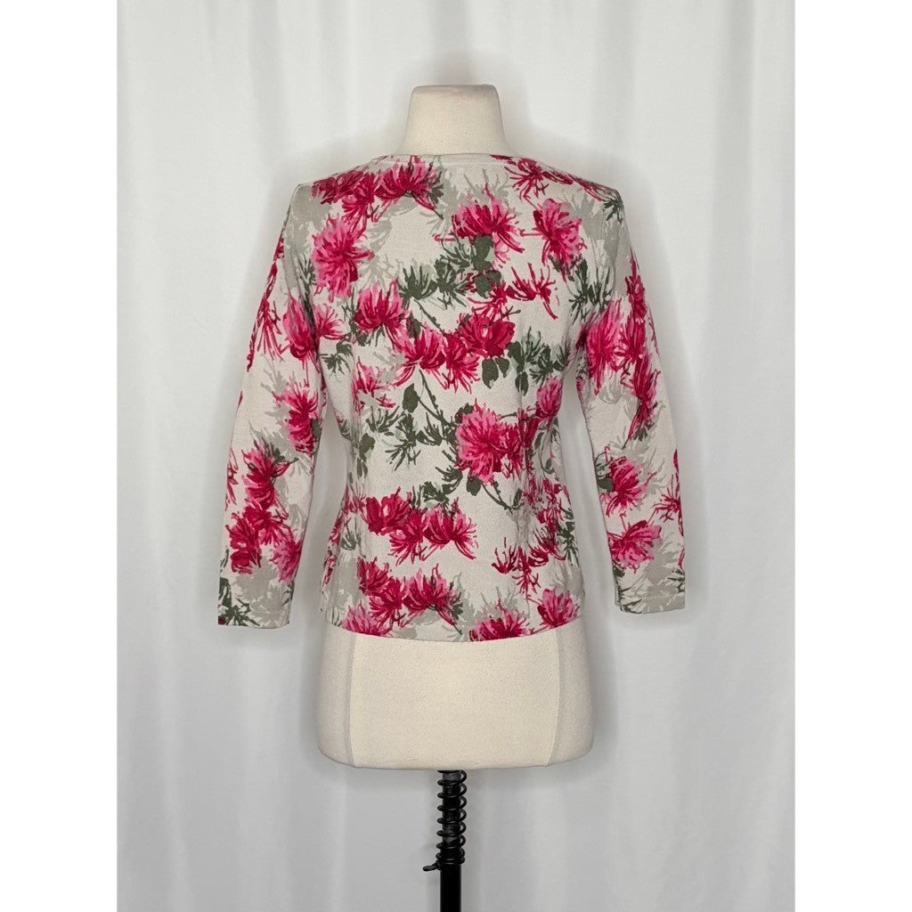 NEW!! GARNET HILL Merino Wool Cardigan Sweater Floral Gray Pink Preppy Small