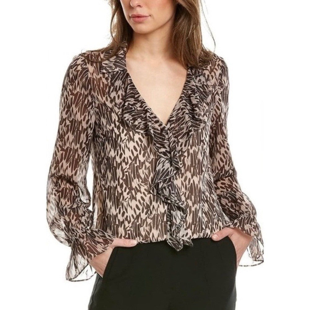 TED BAKER Bertei V Neck Ruffle Blouse Top Brown Abstract Chic Size 6 / US 14