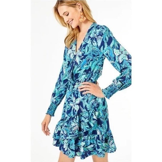 LILLY PULITZER Cristiana Dress High Tide Navy Take It Or Leaf It Smocked 0