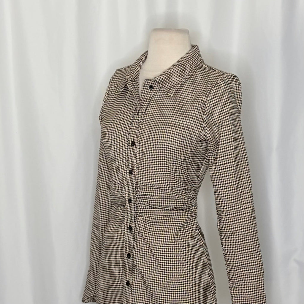 ZARA Houndstooth Black Tan Shirtdress Ruched Preppy Plaid Shirt Dress Medium