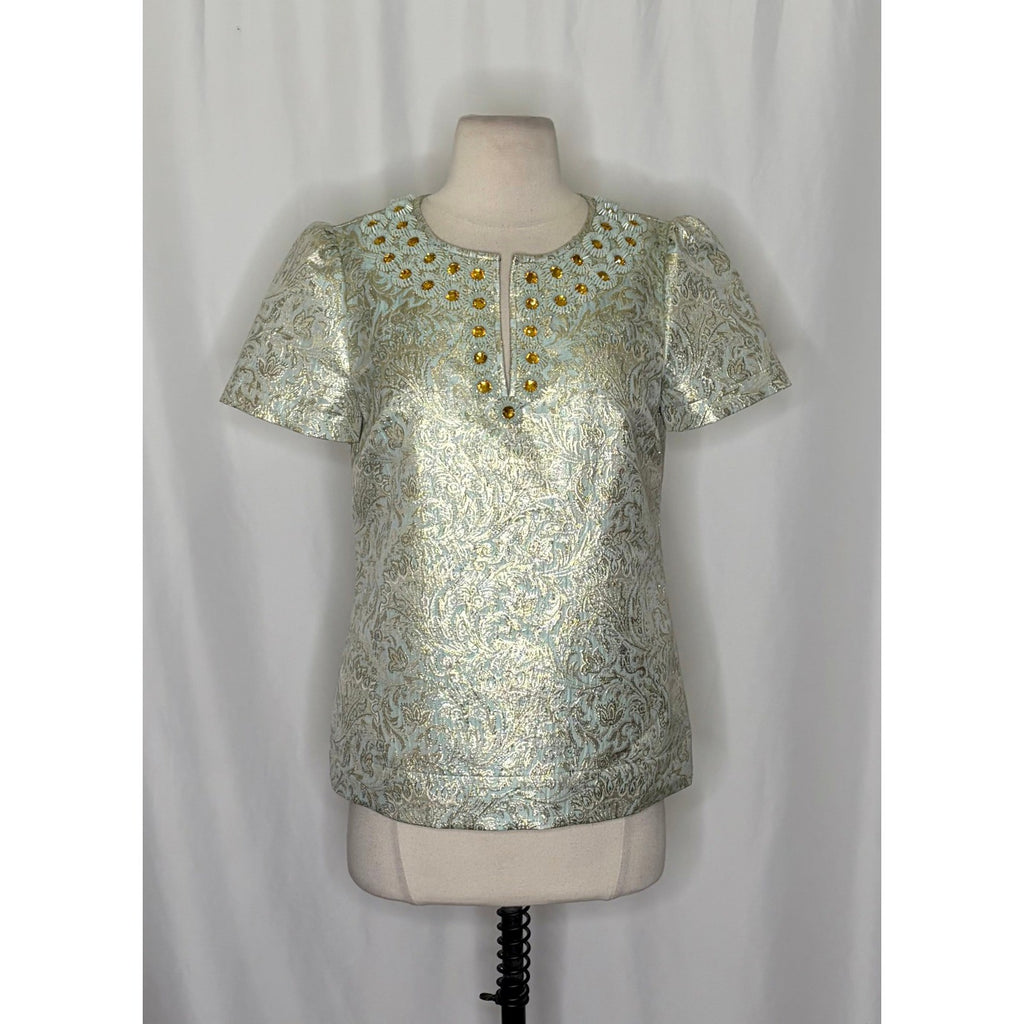 TORY BURCH Lola Top Blouse Aqua Glass Embellished Silk Brocade Floral Size 4