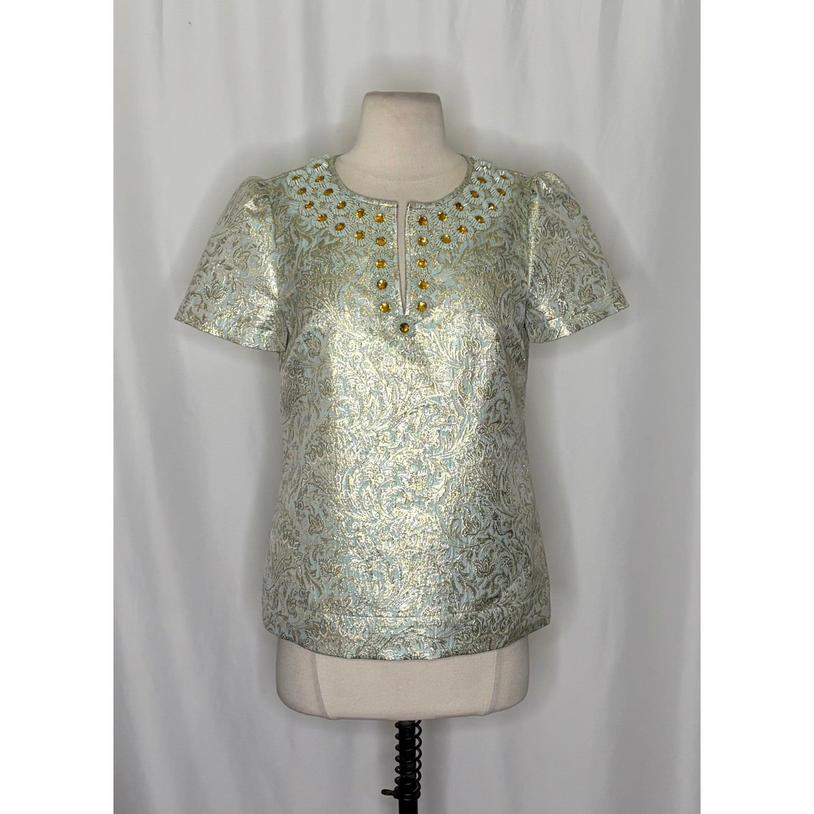 TORY BURCH Lola Top Blouse Aqua Glass Embellished Silk Brocade Floral Size 4