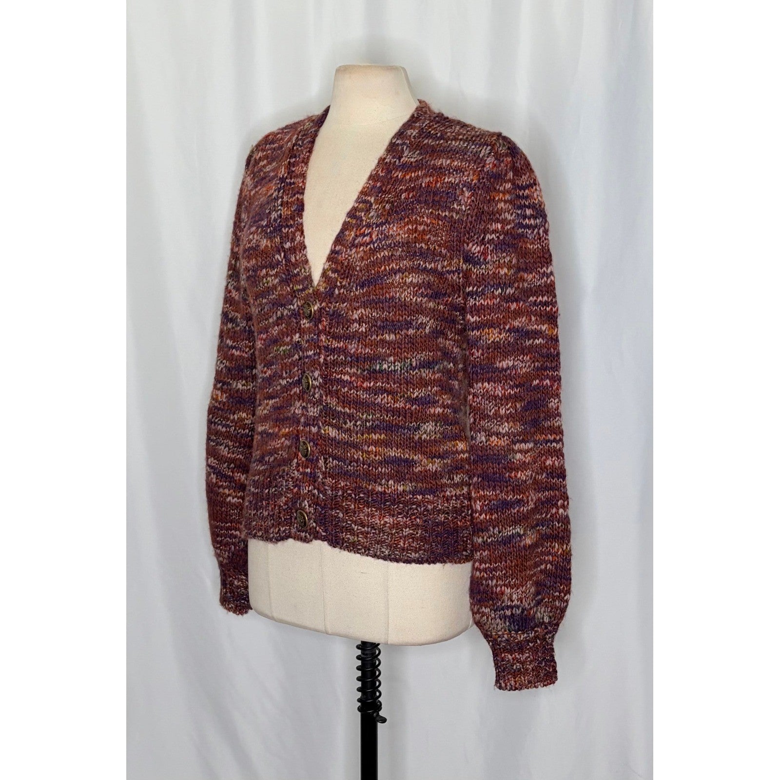 VERONICA BEARD Amosa Wool Cardigan Sweater Marled Puff Sleeves Burgundy Large