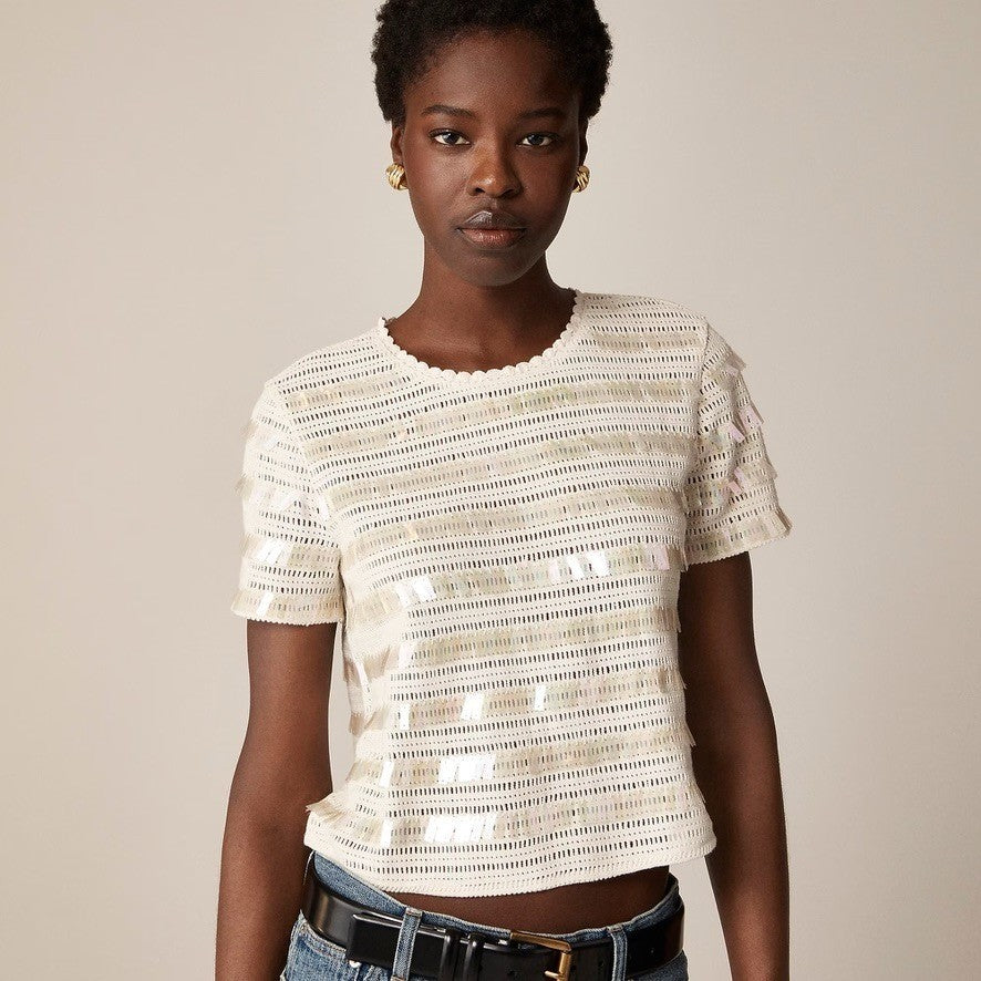 NWT!! J. CREW Crochet Shirt Shimmery Sequins Knit Party Glam Preppy X-Small