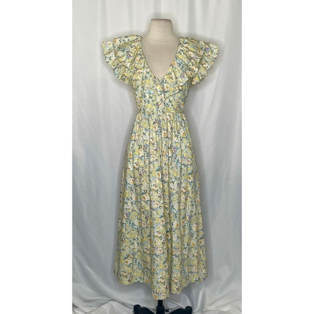 O.P.T. Kate Floral Ruffled Midi Dress One Pretty Time Pockets Ruffles Small