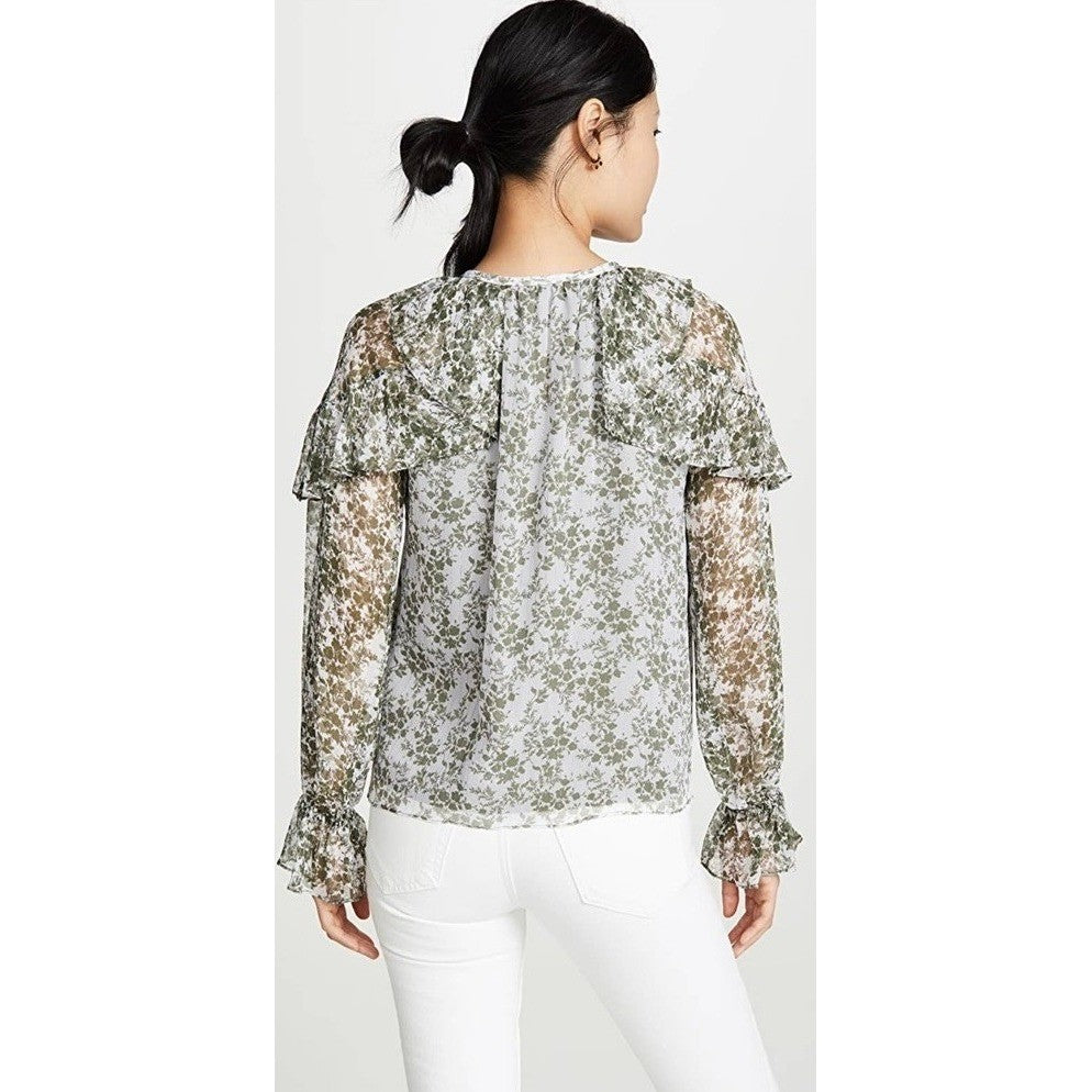 RAMY BROOK Silk Printed Celeste Blouse Chiffon Sagco Green Floral Metallic Small