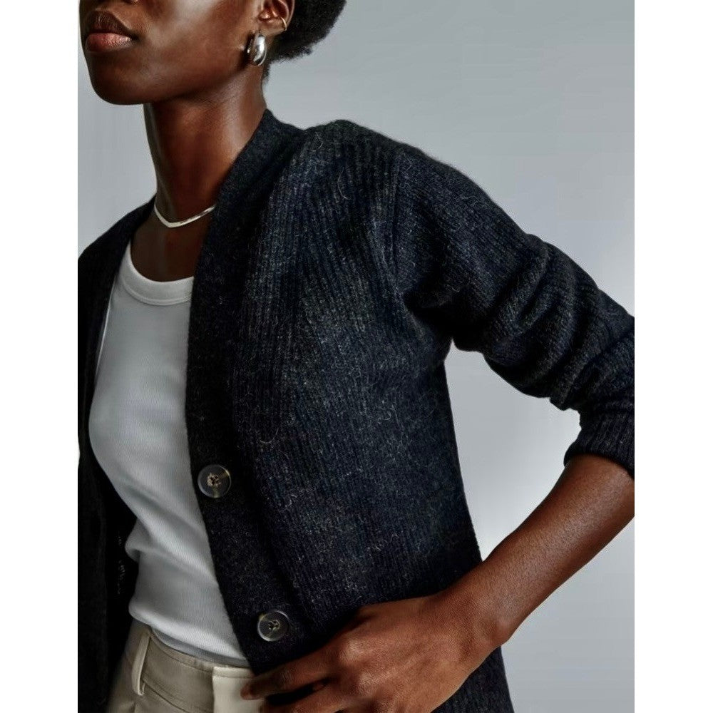 EVERLANE The Oversized Alpaca Cardigan Heathered Black Merino Wool Pockets Small