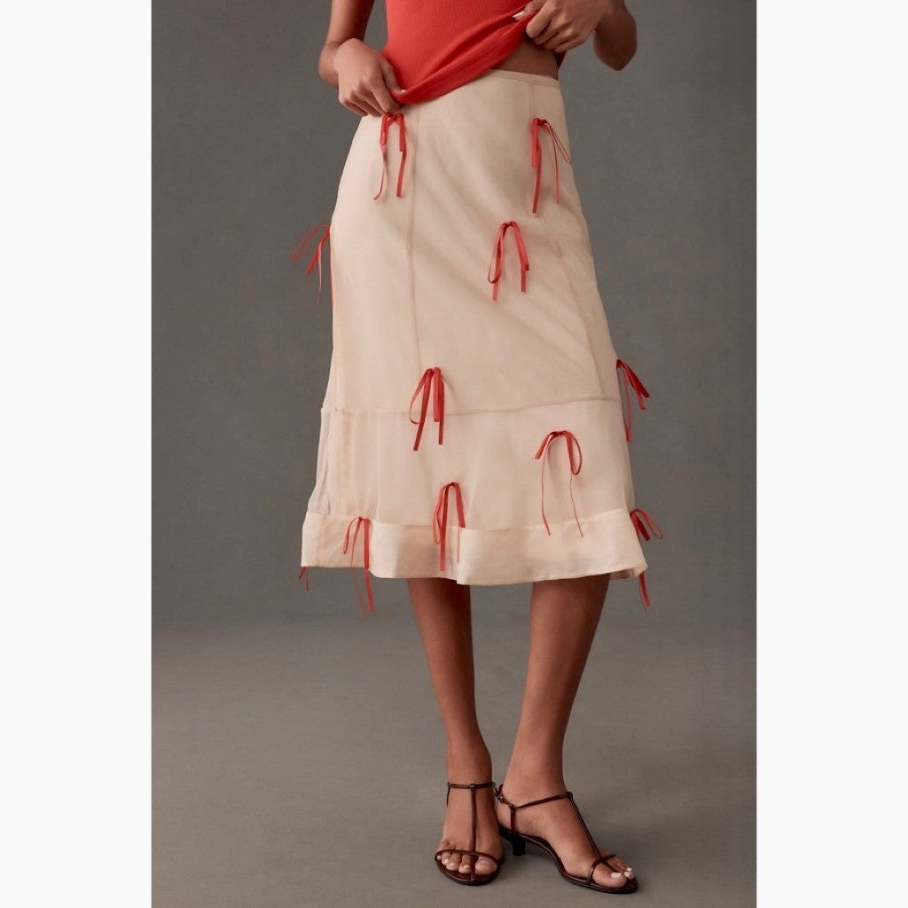 Anthropologie MAEVE Ribbon Pencil Midi Skirt Tulle Ivory Red Coquette 12 Petite