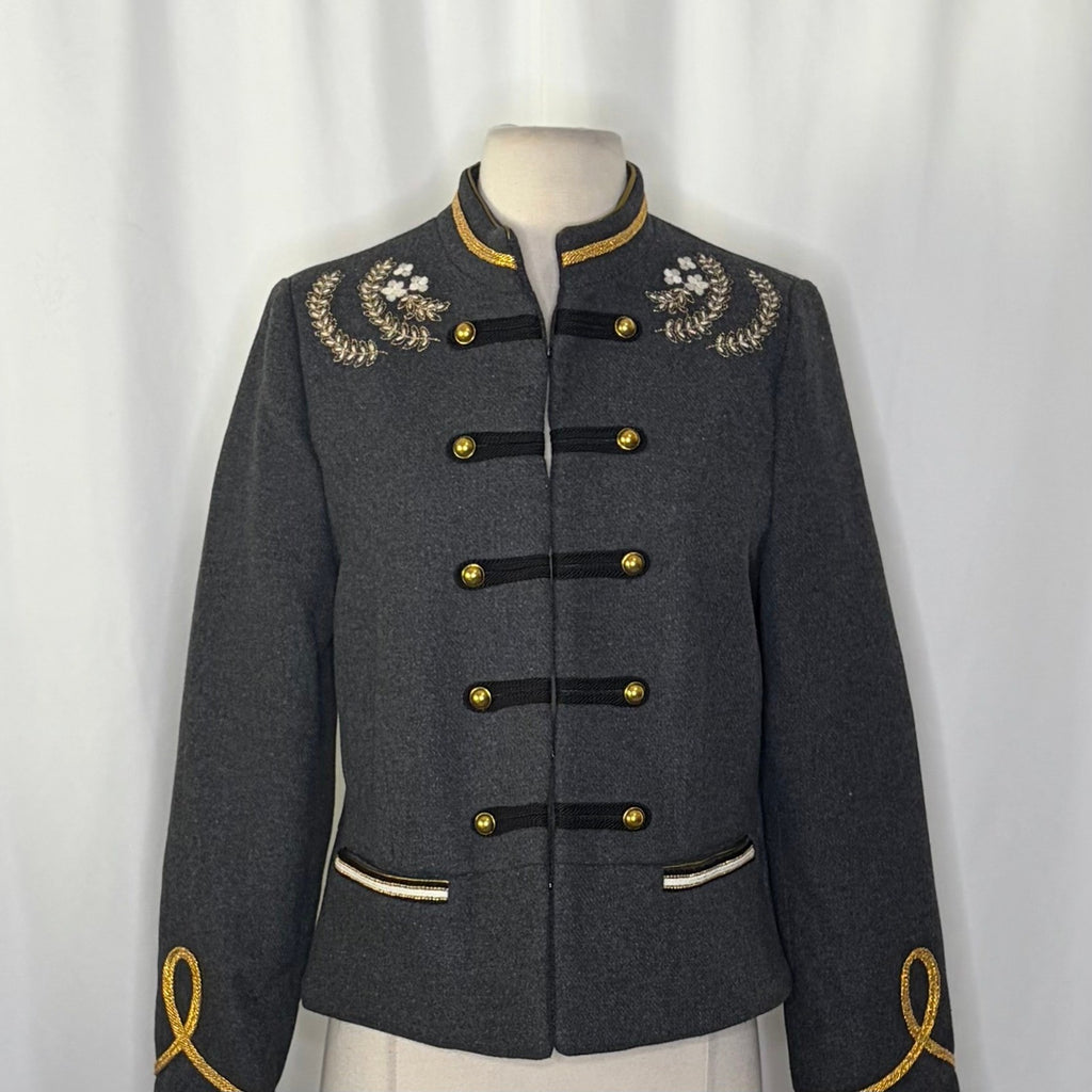 NWT!! ZARA Embroidered Military Jacket Charcoal Gray Gold Braid Buttons Large
