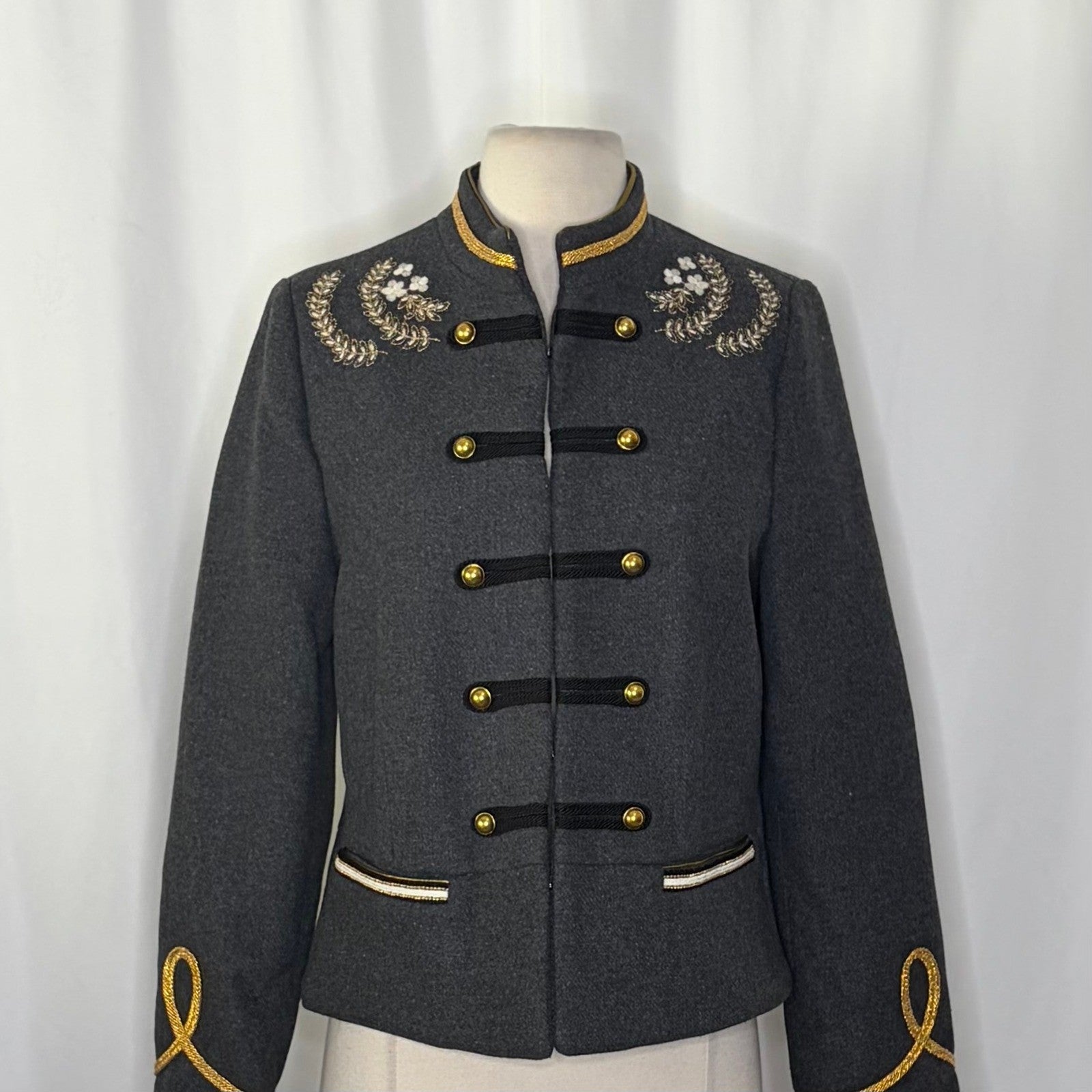 NWT!! ZARA Embroidered Military Jacket Charcoal Gray Gold Braid Buttons Large