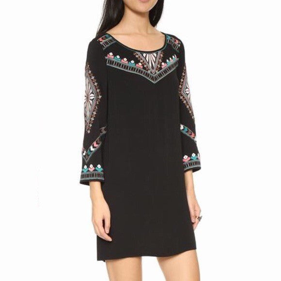 ELLA MOSS Embroidered Joss Shift Dress Retro Black Metallic Boho X-Small
