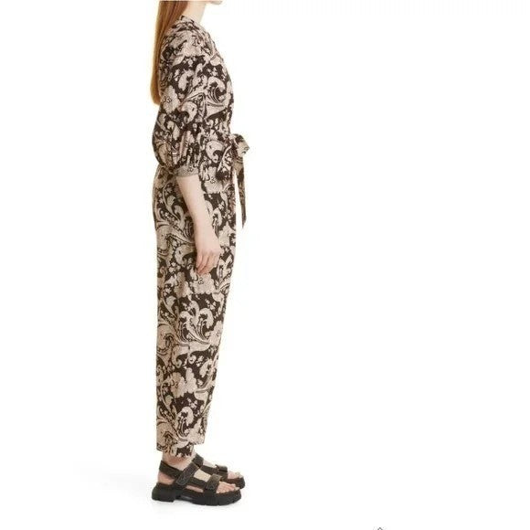 REBECCA TAYLOR Paisley Jumpsuit Scroll Paisley Espresso Belted Brown Medium