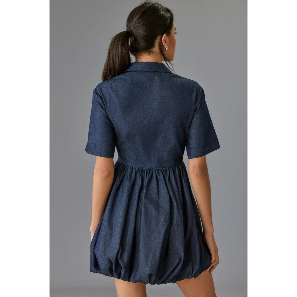 Anthropologie MARE MARE Short Sleeve Denim Bubble Hem Mini Dress Pockets Small