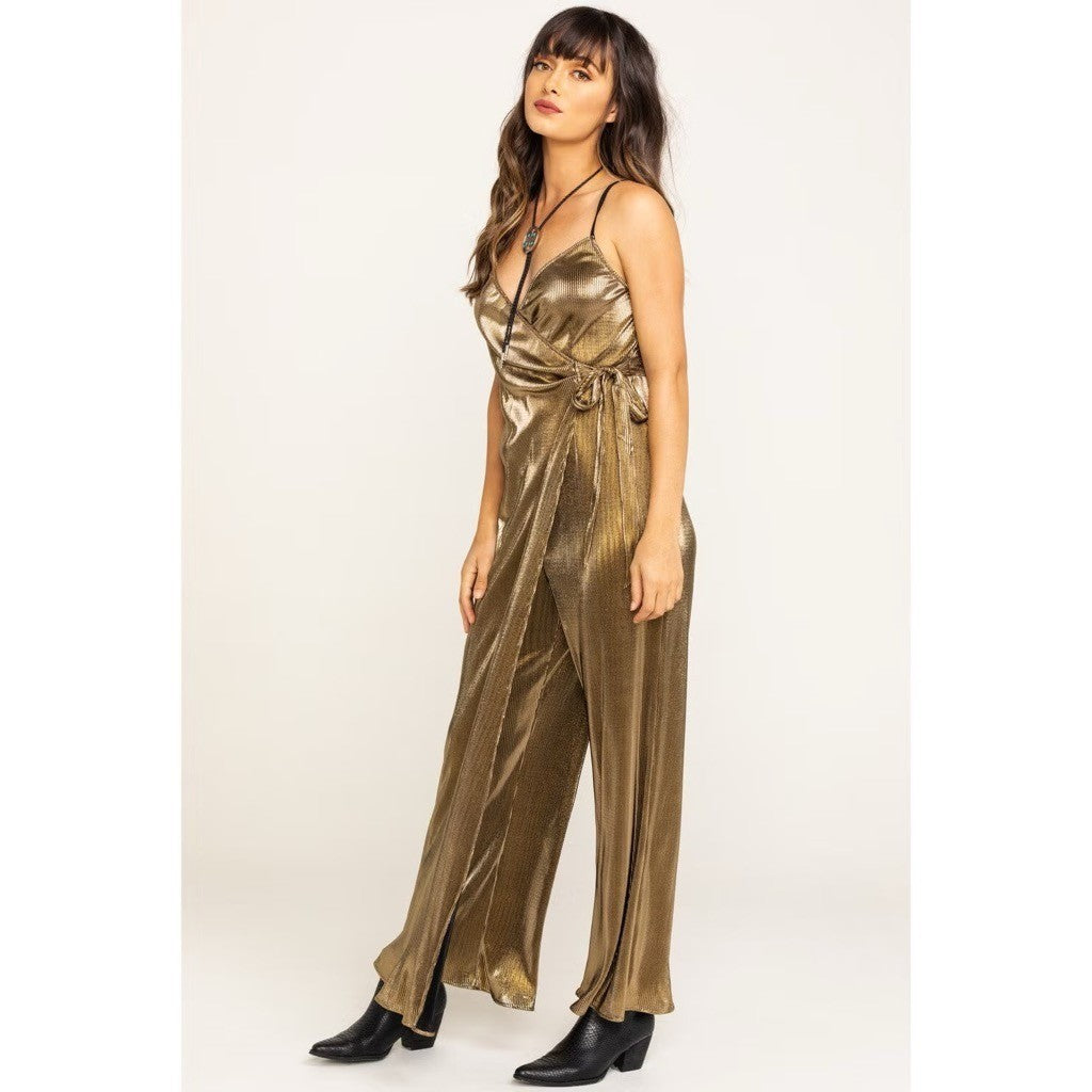 SHOW ME YOUR MUMU Jane Jumpsuit Gold Metallic Wrap Tie Waist Party Glam Small
