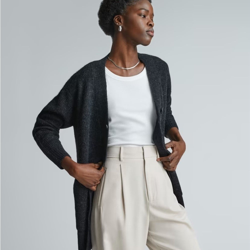 EVERLANE The Oversized Alpaca Cardigan Heathered Black Merino Wool Pockets Small