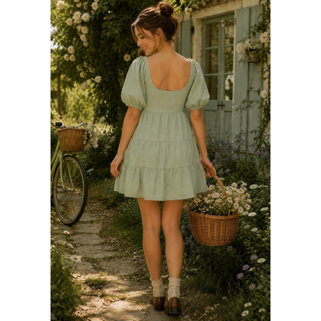 NIA Silvana Green White Gingham Babydoll Dress Tiered Mini Summer Puff Medium