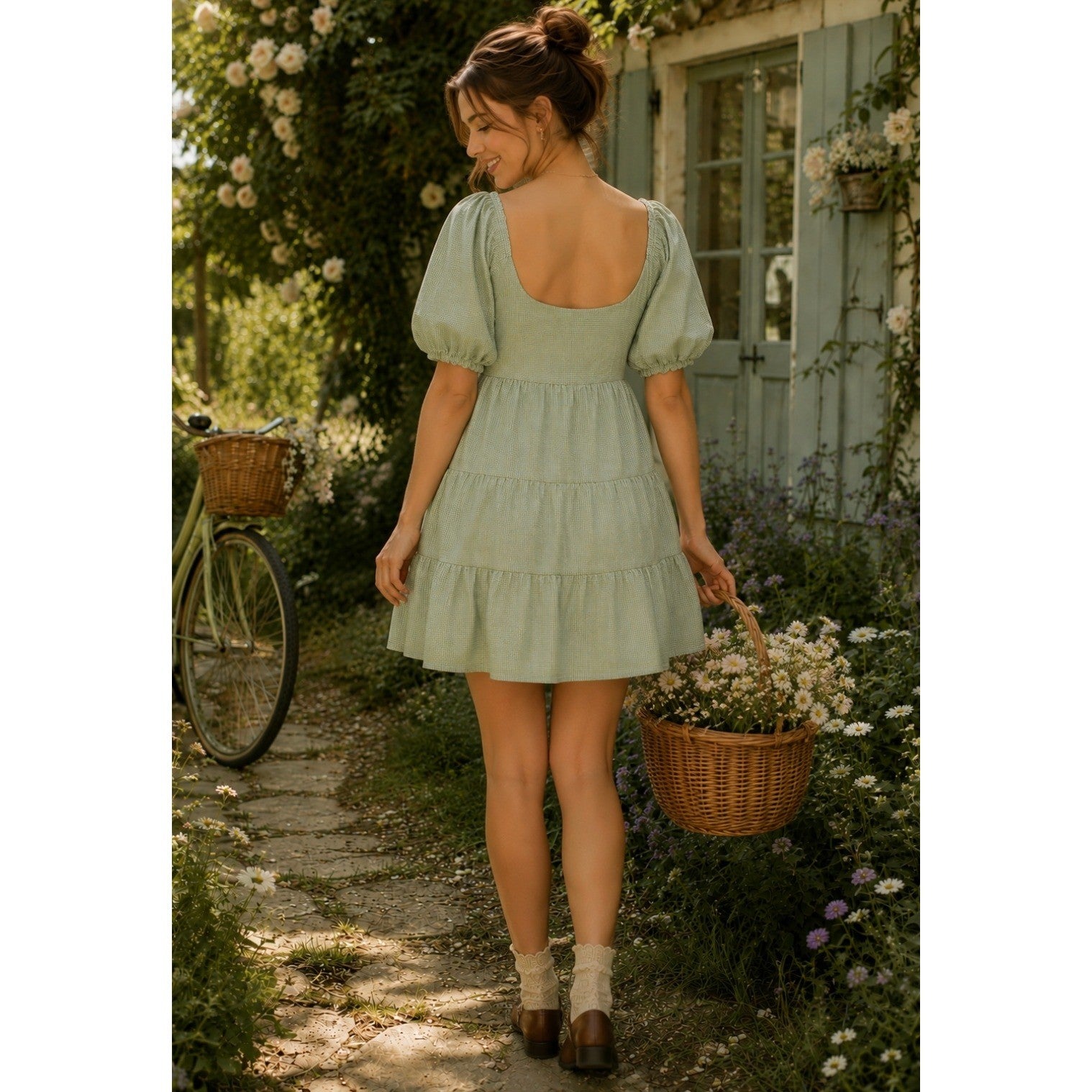 NIA Silvana Green White Gingham Babydoll Dress Tiered Mini Summer Puff Medium