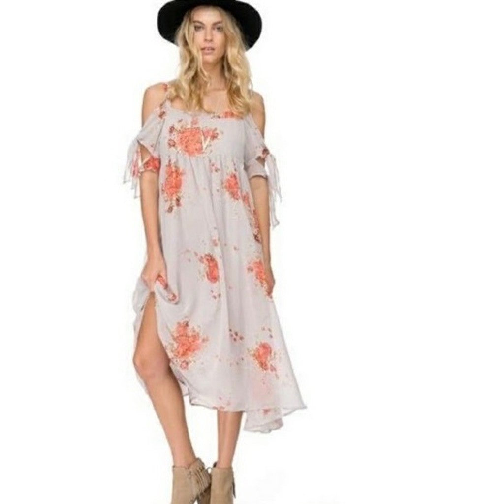 FREE PEOPLE Tied To You Floral Midi Dress Sand Combo Chiffon Bohemian Small