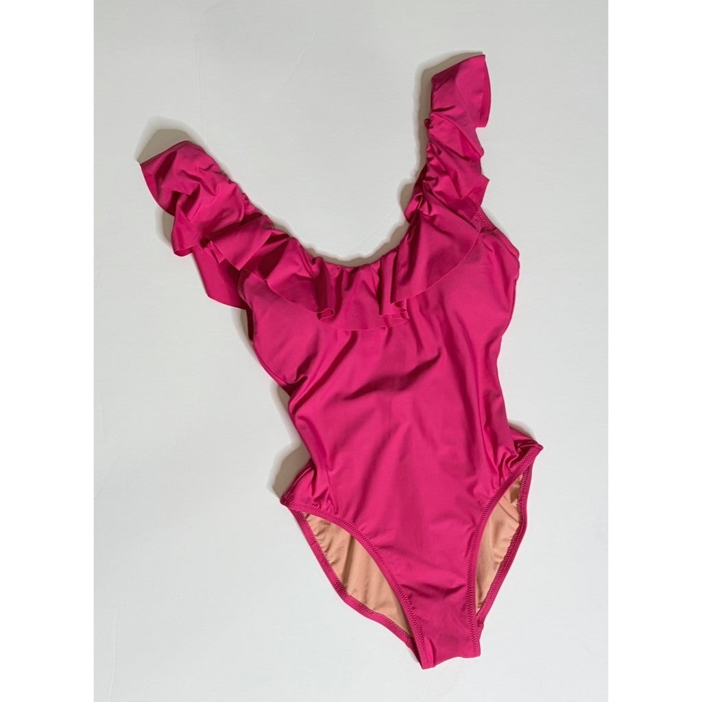 NWT!! J. CREW Ruffle Scoopneck One Piece Swimsuit Solid Hot Pink Vacation Size 4