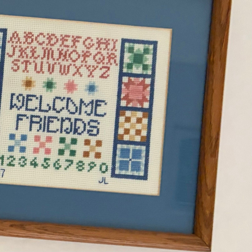 VINTAGE Framed Crossstitch Sampler Quilt Blocks Alphabet Numbers 80's 1987