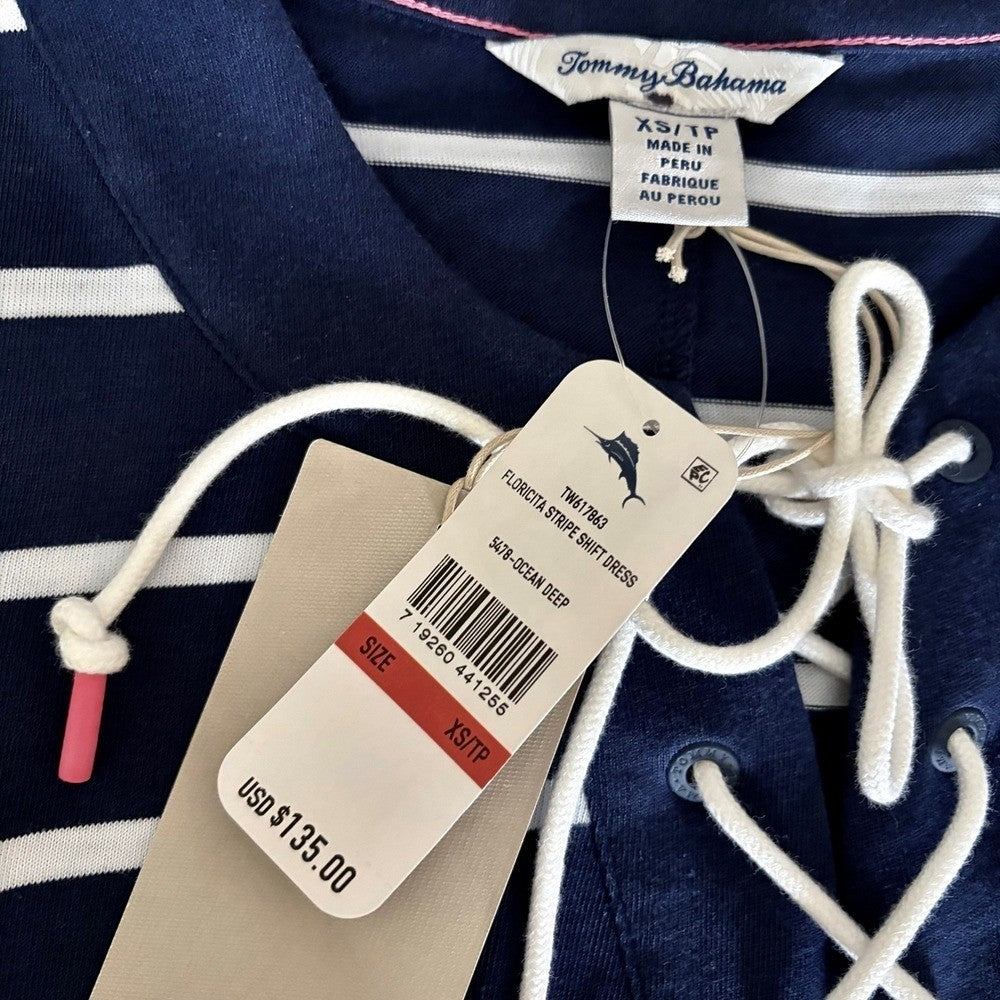 NWT!! TOMMY BAHAMA Floricita Stripe Shift Dress Navy Blue White Stripe X-Small