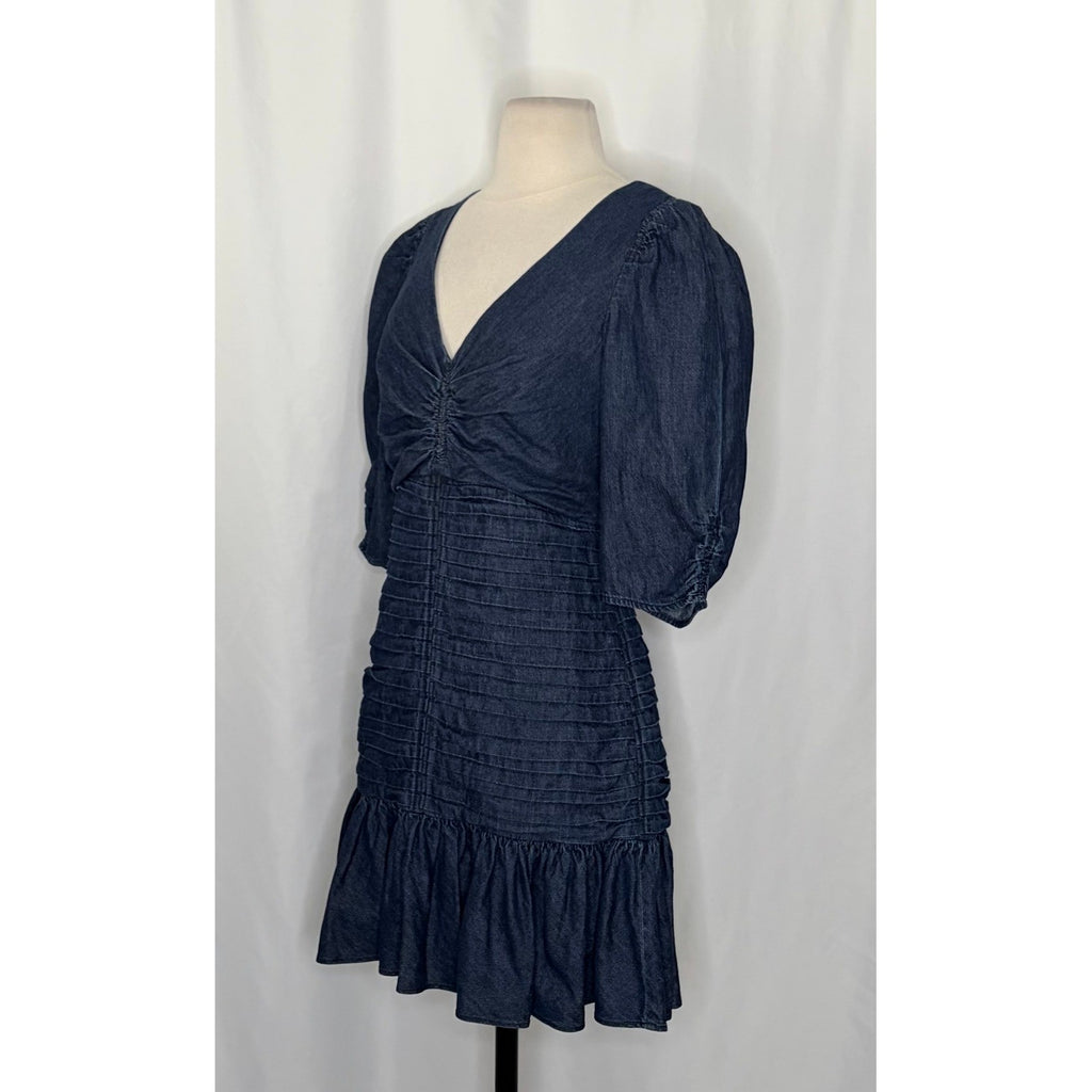 TANYA TAYLOR Pansy Dress Blue Denim Pleated Mini Puffed Sleeves Flirty Size 6