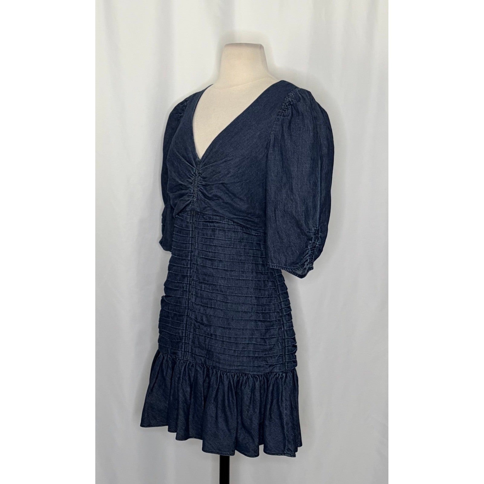 TANYA TAYLOR Pansy Dress Blue Denim Pleated Mini Puffed Sleeves Flirty Size 6