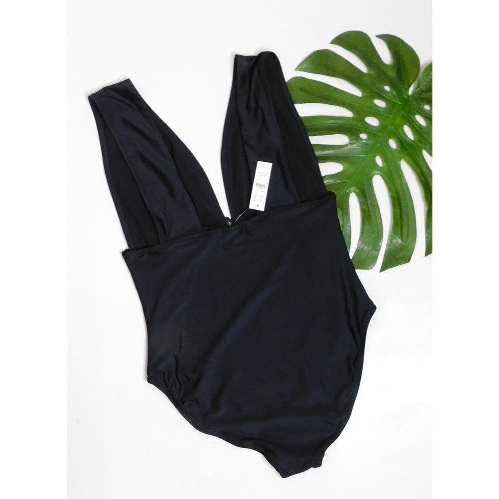 NWT!! J. CREW Black One Piece Plunge V-Neck Swimsuit Solid Classic Size 14