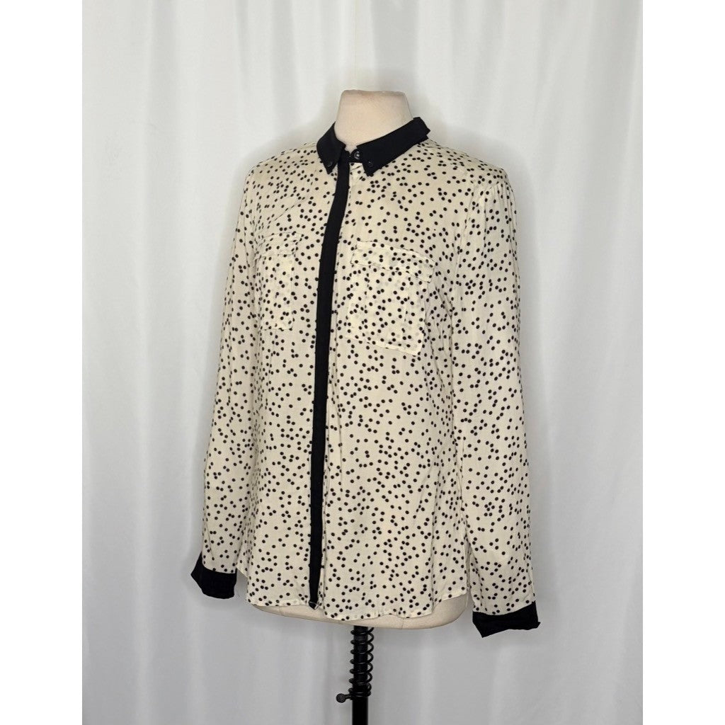 Anthropologie MAEVE Bagatelle Buttondown Shirt Ivory Black Polka Dot Pockets 10