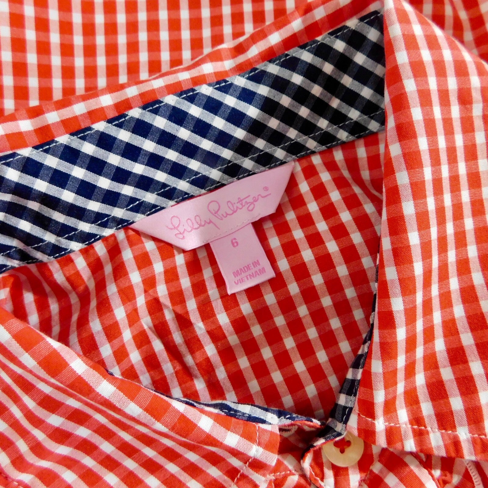 LILLY PULITZER Red White Blue Gingham Plaid Ruffled Buttondown Top Blouse Size 6