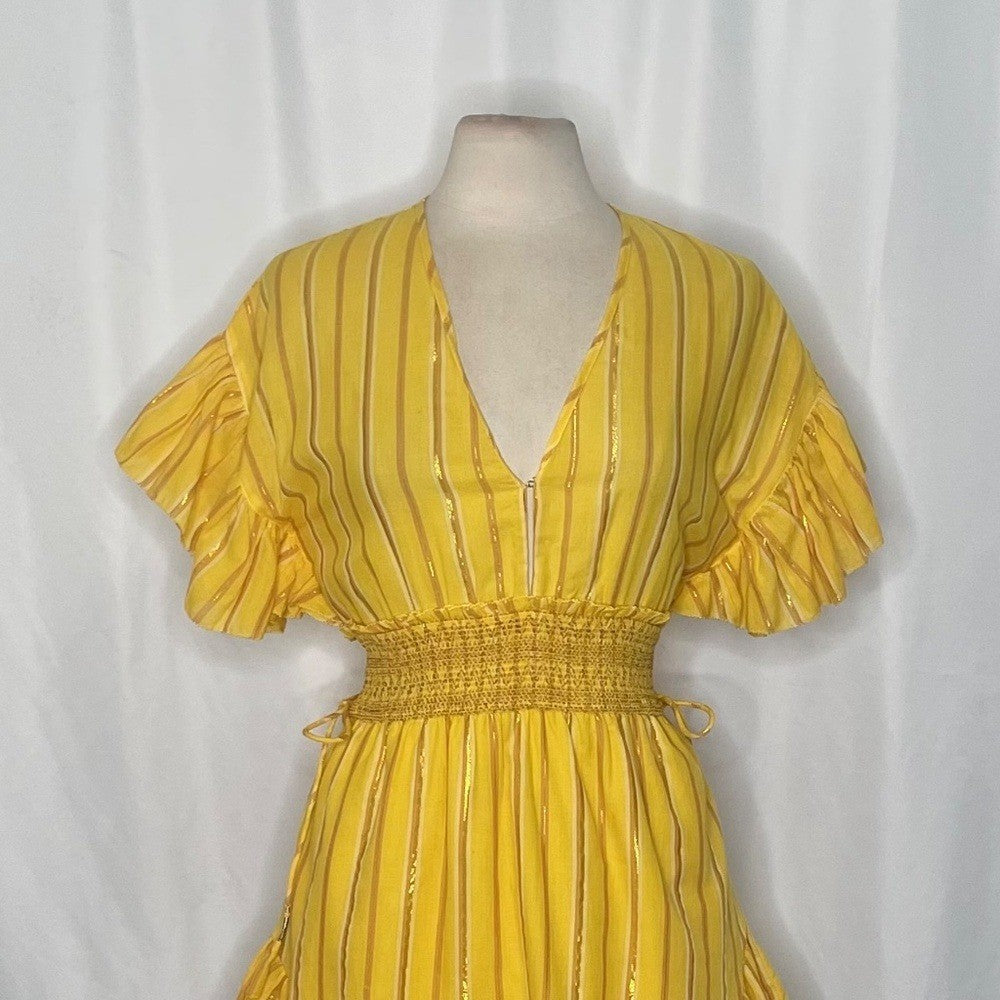 SAYLOR Yellow Metallic Striped Dress Fluttery Smocked Mini Gold Party Medium