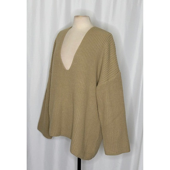 Revolve WEWOREWHAT Solid V Neck Sweater Solid Tan Oat Oversized Knitwear M/L
