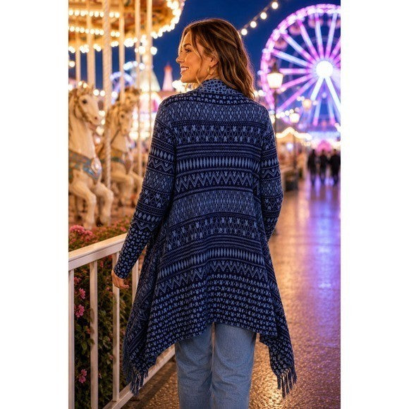 DISNEY PARKS Mickey Mouse Fringed Cardigan Sweater Blue Chevron Medium Large