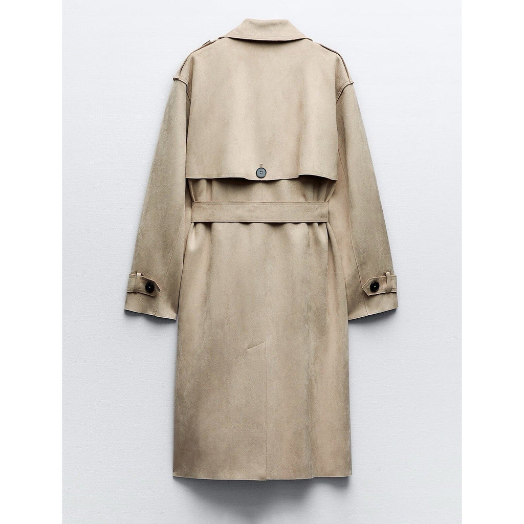 ZARA Faux Suede Trench Coat Belted Jacket Solid Tan Brown Pockets Outdoors Large