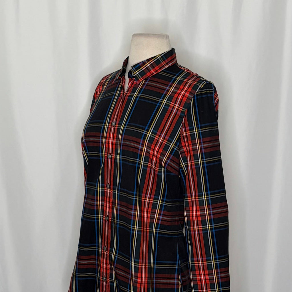 J. CREW Slim Stretch Perfect Shirt Top Black Stewart Tartan Plaid Buttons Size 4