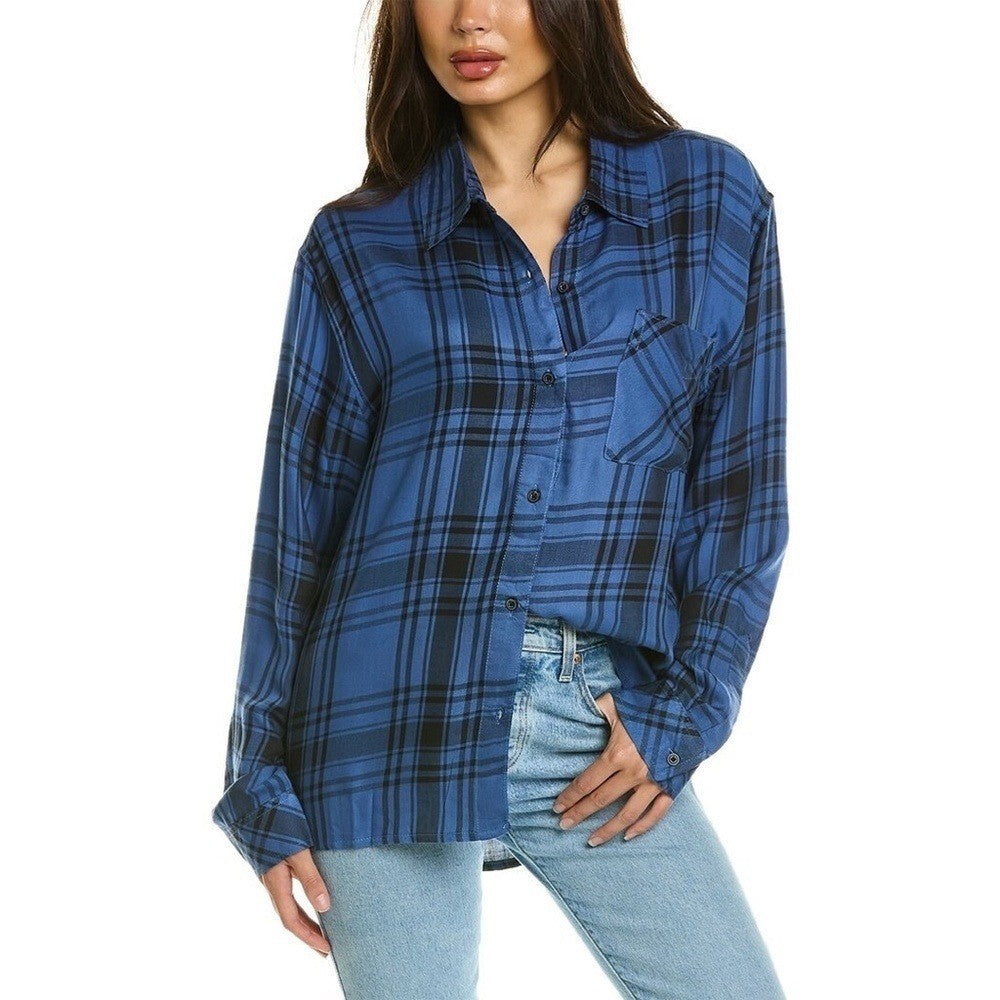 NWT!! WEWOREWHAT Boyfriend Shirt Plaid Navy Blue Collared Oversized Small Medium