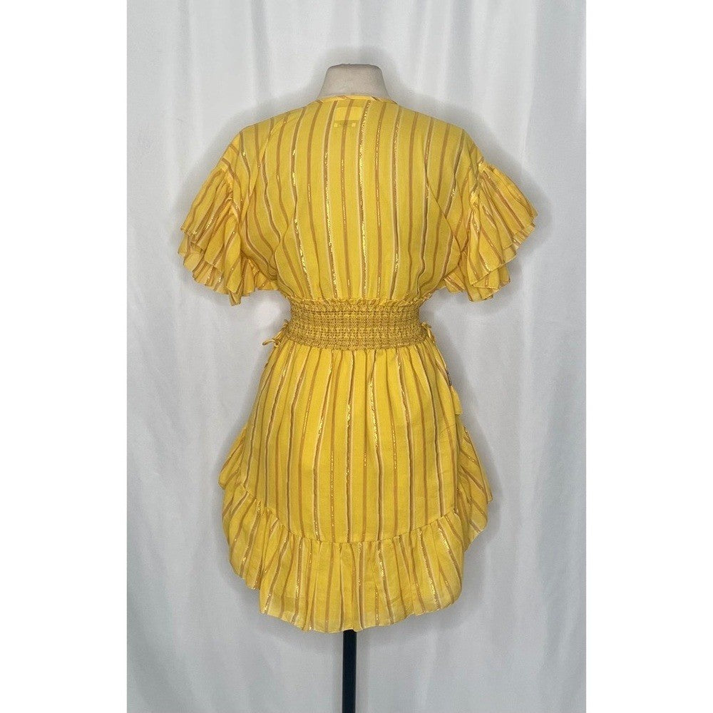 SAYLOR Yellow Metallic Striped Dress Fluttery Smocked Mini Gold Party Medium