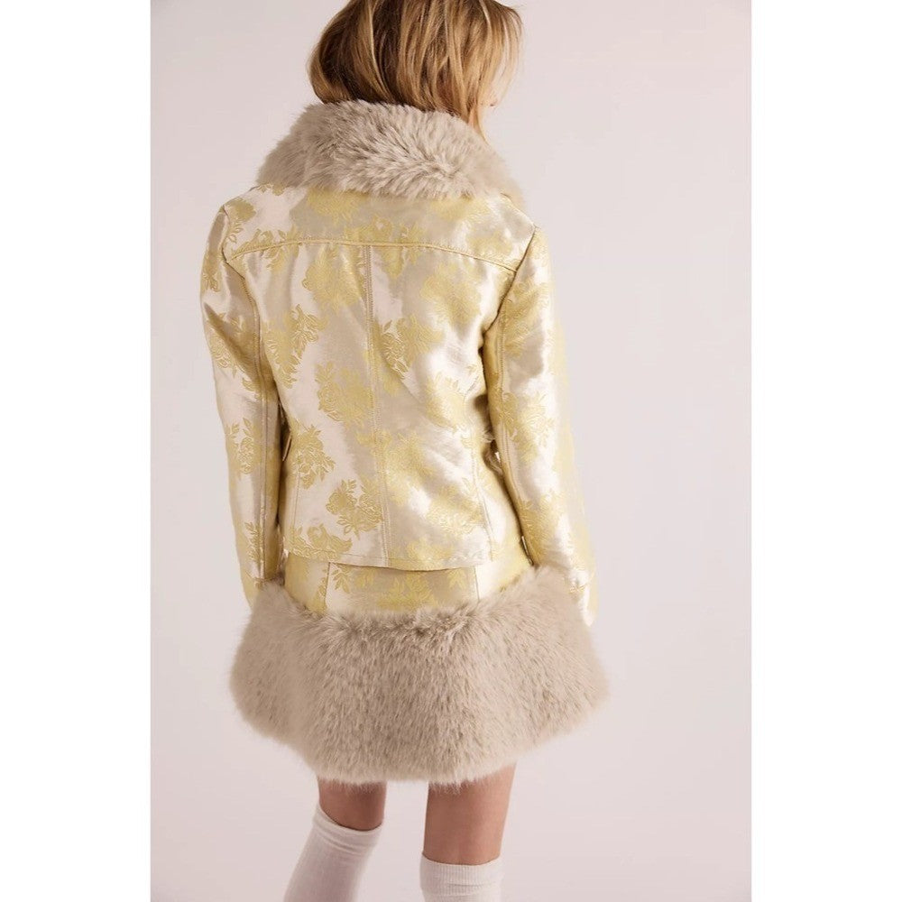 NWT!! FREE PEOPLE French Exit Laluna Jacket Jacquard Faux Fur Collar Large