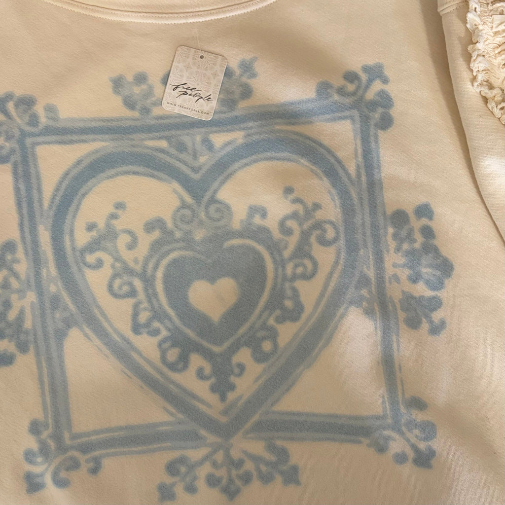 NWT!! FREE PEOPLE Doily Sweatshirt Heart Ivory Blue Eyelet Lace Bohemian Small