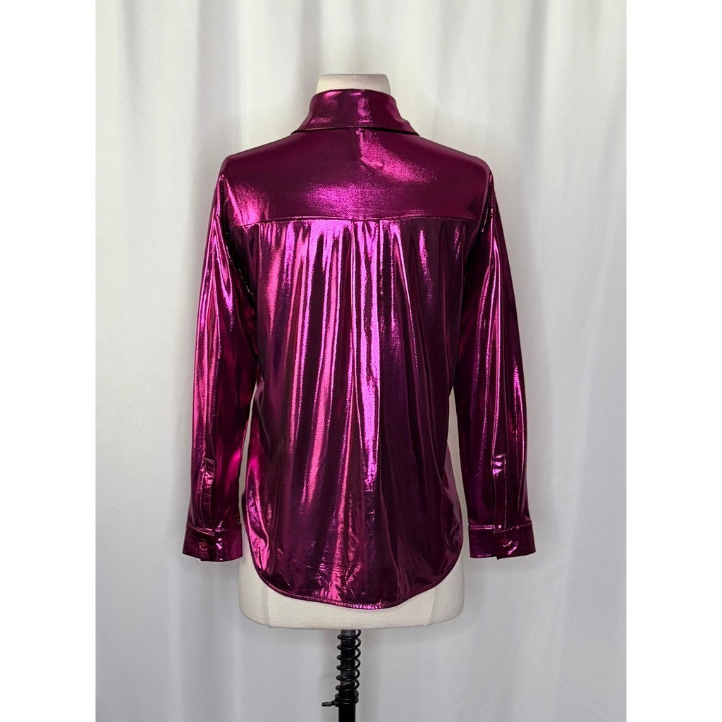 By ANTHROPOLOGIE Magenta Pink Shimmer Shine Lamé Buttondown Top Blouse X-Small