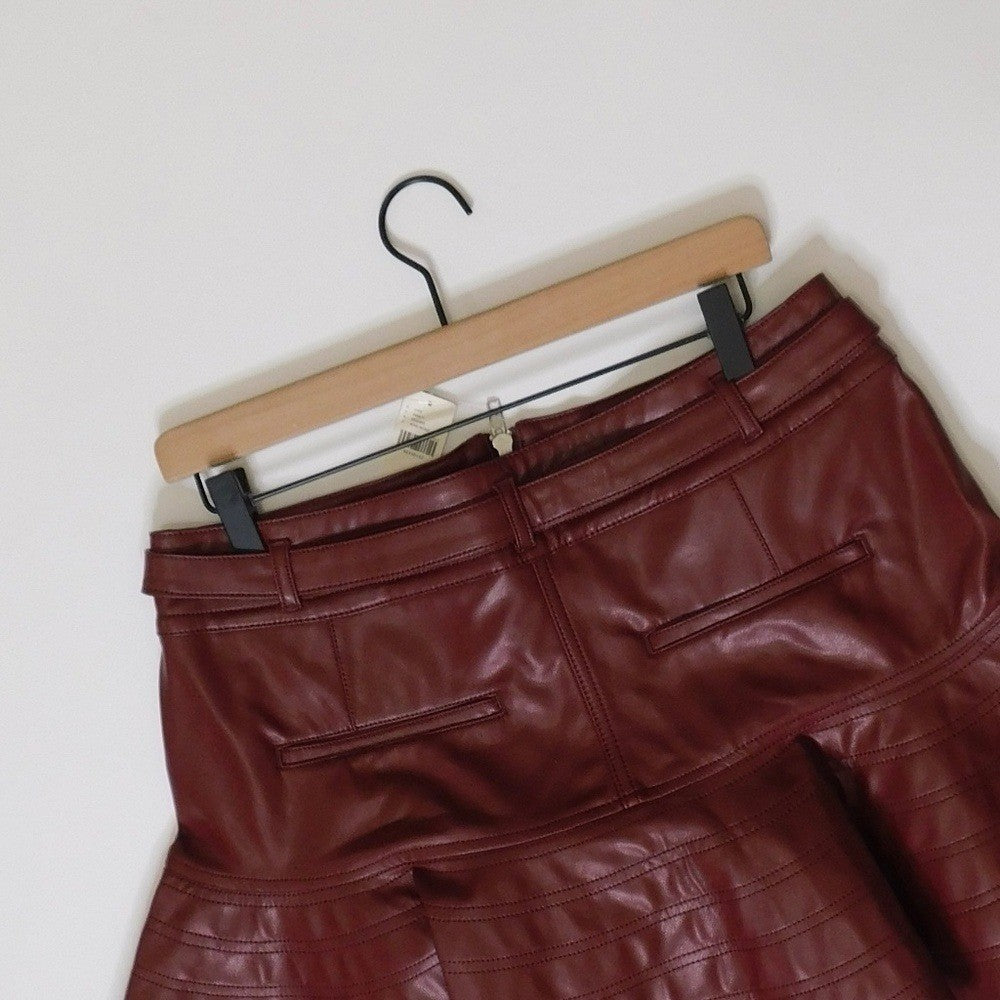 NWT!! Anthropologie PILCRO Fit-and-Flare Faux Leather Mini Skirt Wine Moto 12