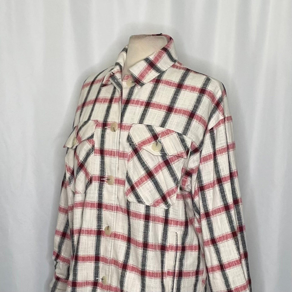 NWT!! ZARA Plaid Oversized Buttondown Shirt Red White Black Pockets Retro Small