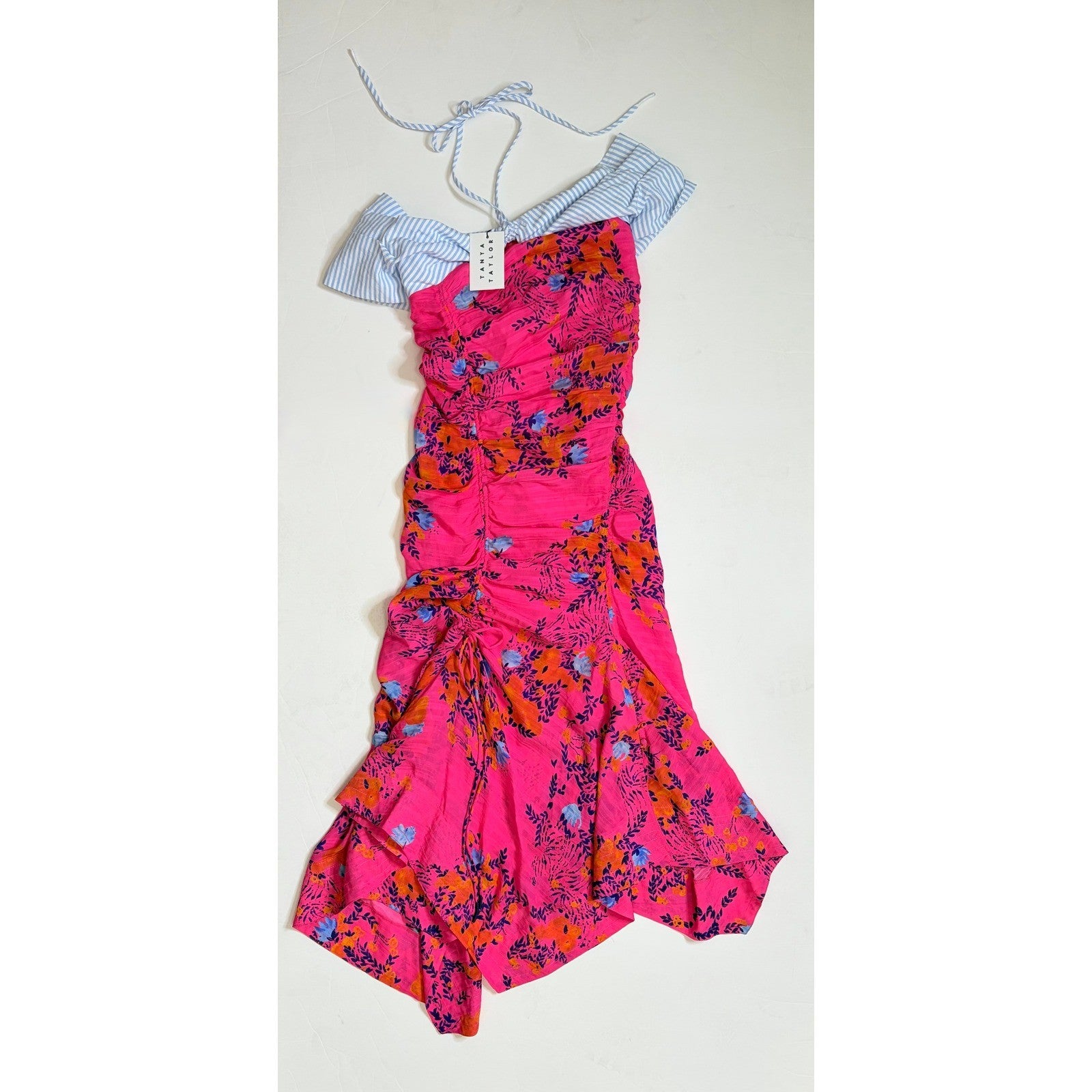 NWT!! TANYA TAYLOR Silk Virginia Dress Falling Floral Pink Striped Halter Size 0
