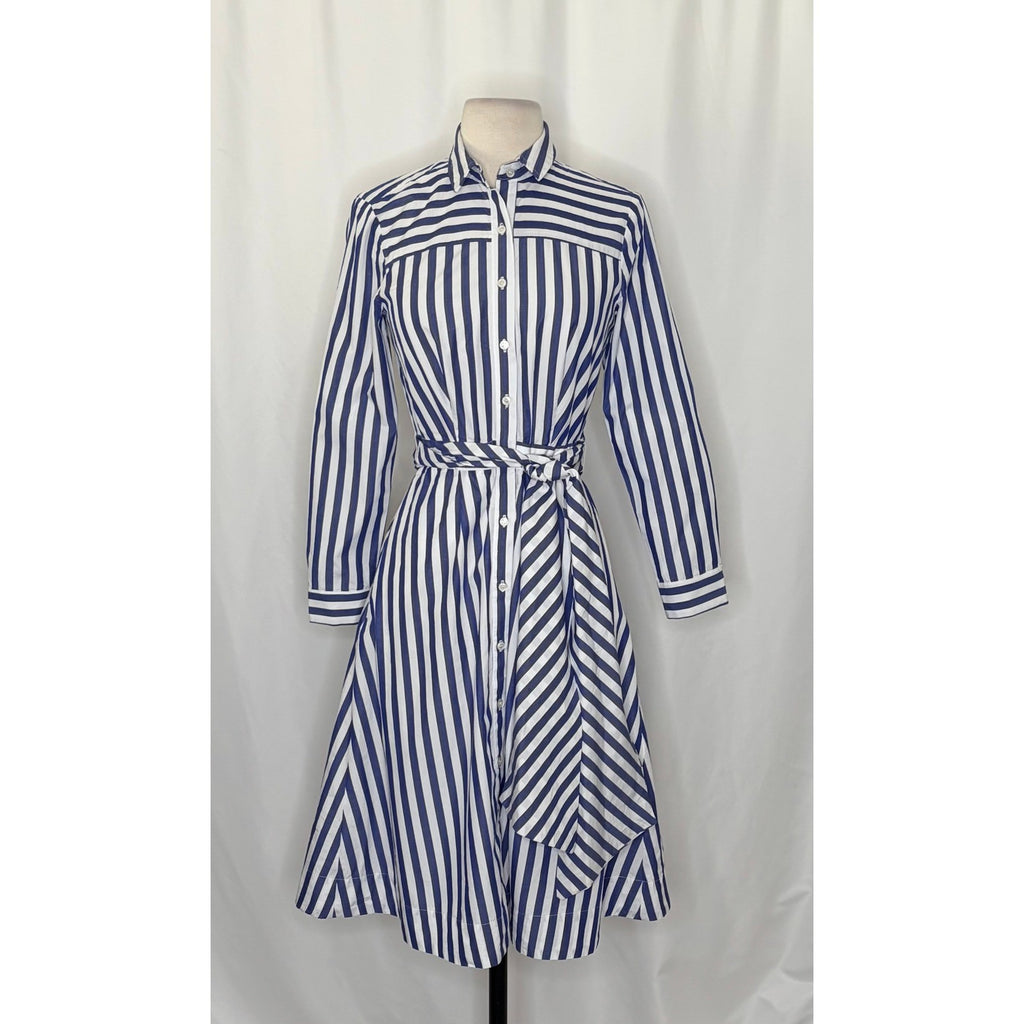 J. CREW Lighthouse Tie Waist Shirtdress Blue White Stripe Shirt Dress Size 0