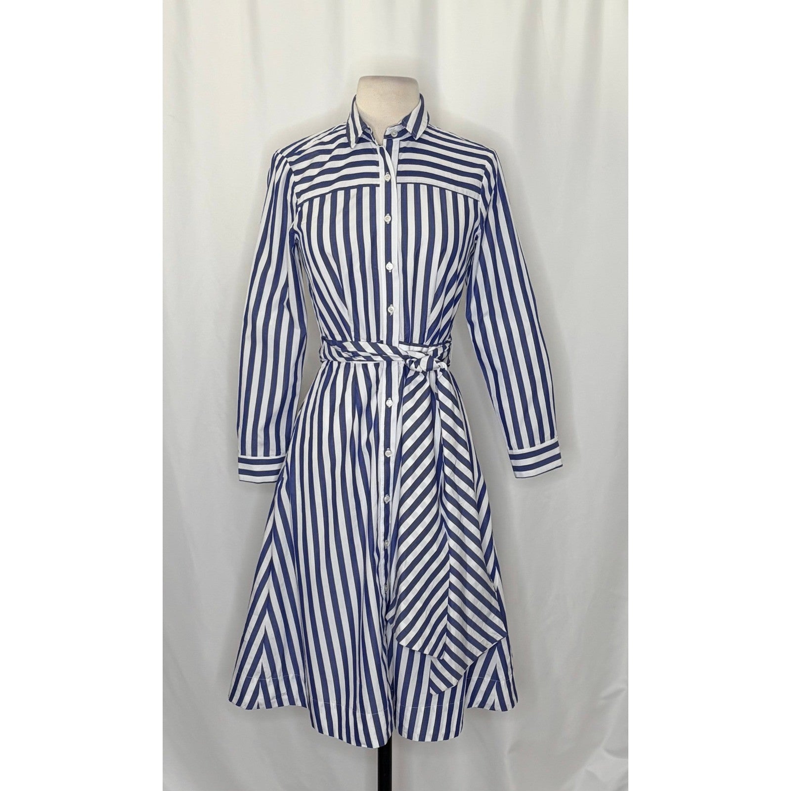 J. CREW Lighthouse Tie Waist Shirtdress Blue White Stripe Shirt Dress Size 0